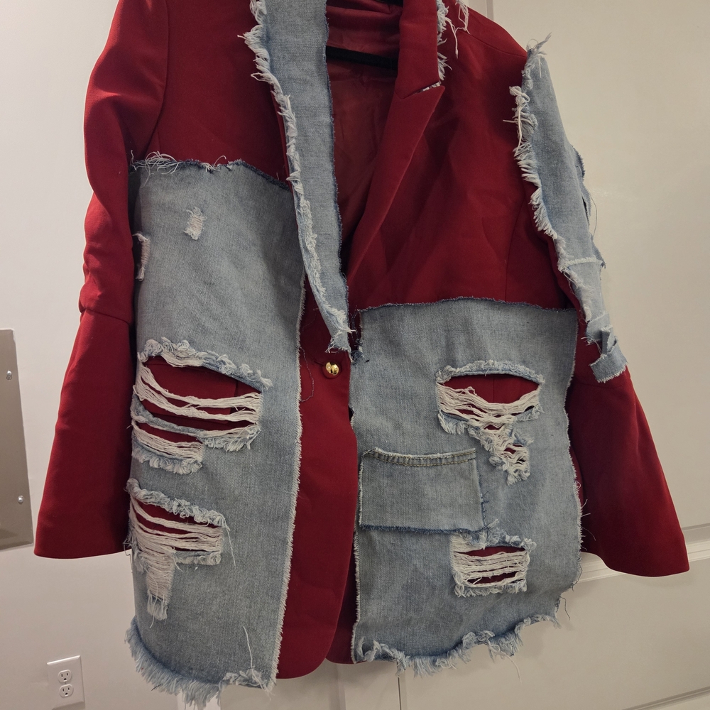 Red Distressed Denim Patchwork Jacket - image 1